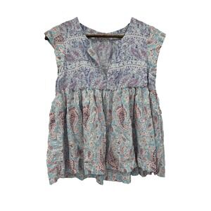 Lucky Brand Cotton Modal Y2K Top Cap Ruffle Sleeve Cottagecore boho paisley M